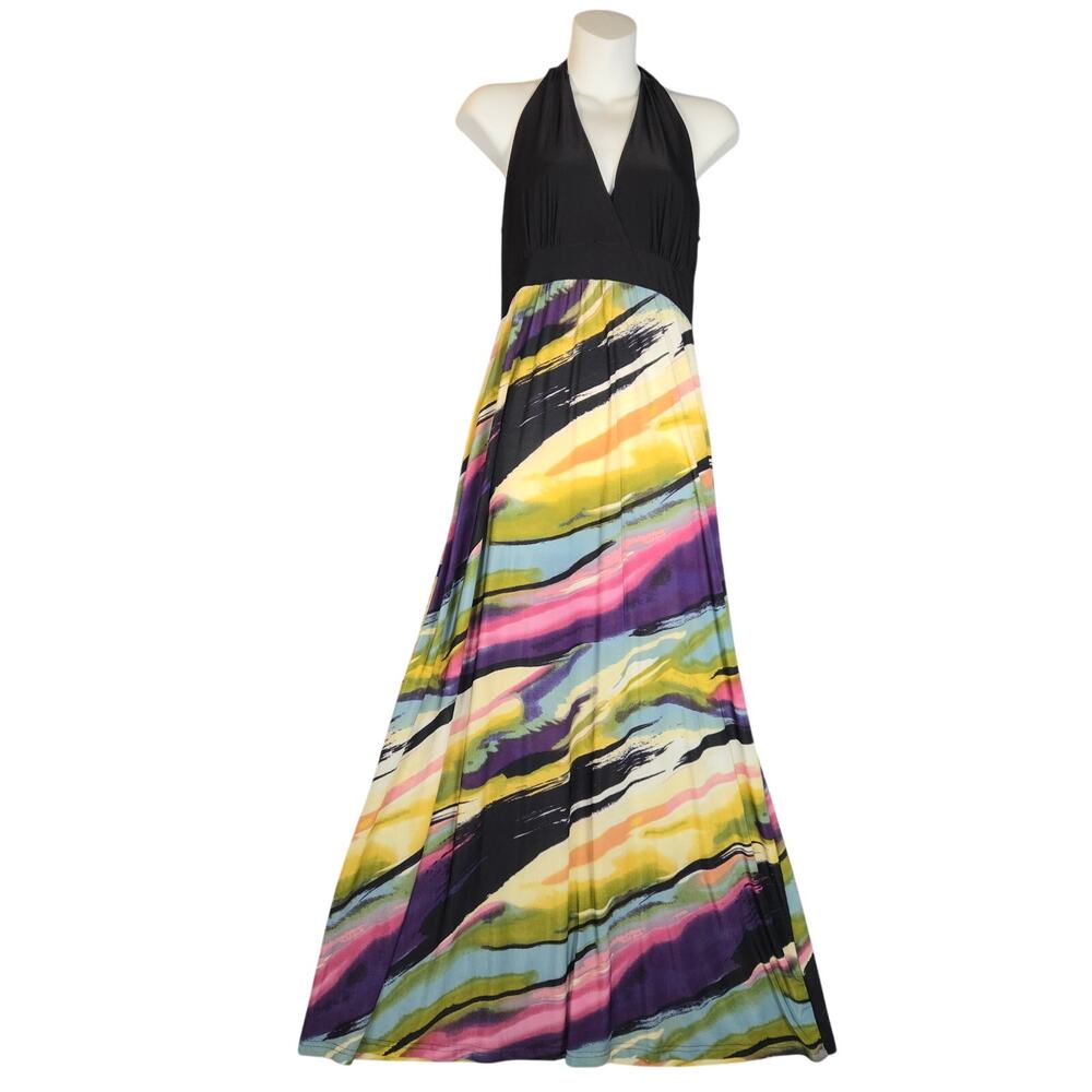 Chesley Womens Large Halter Midi‎ Dress Stretch Colorful Abstract Slinky Travel